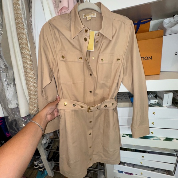 Michaels Tan Shirt Dress with Gold Accents - Picture 1 of 6